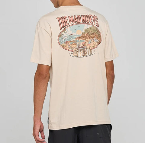 Mad Hueys Day For It Froggies SS Tee in Cement with Australiana beach scene and Aussie animal print, made from 100% cotton jersey.