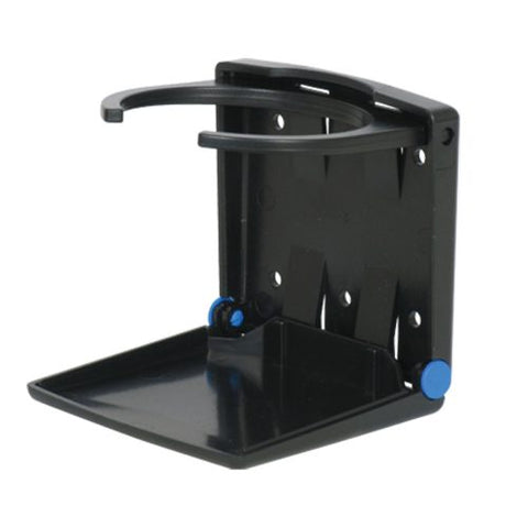 Black folding drink holder mounted on flat surface

White UV stabilised folding drink holder open ready for use

Compact folding drink holder folded down to 24mm
