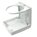 Black folding drink holder mounted on flat surface

White UV stabilised folding drink holder open ready for use

Compact folding drink holder folded down to 24mm