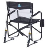 GCI Outdoor Freestyle Rocker Elite folding camping chair with mesh backrest, padded armrests, beverage holder and rocking frame.