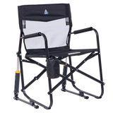 GCI Outdoor Freestyle Rocker Elite folding camping chair with mesh backrest, padded armrests, beverage holder and rocking frame.