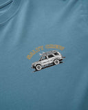 Close-up of the Salty Crew Get Ready Premium SS Tee in Pilot Blue showing the chest logo print and rib-knit crew neck.