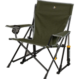 GCI Outdoor Kickback Rocker camping chair with lower seat, rocking frame, carry strap and phone pocket for outdoor relaxation.