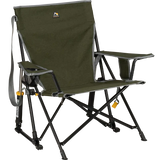 GCI Outdoor Kickback Rocker camping chair with lower seat, rocking frame, carry strap and phone pocket for outdoor relaxation.
