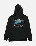 Black hoodie with Salty Crew fish graphic on a white background