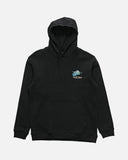 Black hoodie with a small logo on a light gray background