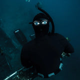 Shark Eyes Mask Strap Cover for scuba diving, snorkelling and spearfishing, featuring a shark deterrent design for ocean safety awareness.