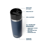 YETI Rambler 16 oz Travel Bottle with leakproof commuter cap and stainless steel insulated design for hot and cold drinks on the go.