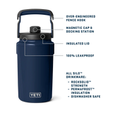 Navy YETI silo with chug lid with feature labels on a white background
