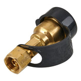 Brass gas adaptor connecting 3/8" LH fitting to LCC27 cylinder for camping stoves or BBQs.