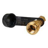 Brass gas adaptor connecting 3/8" LH fitting to LCC27 cylinder for camping stoves or BBQs.