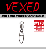 Vexed rolling crosslock snap swivel in black, designed for saltwater and freshwater fishing tackle.