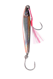 Vexed Cast Iron Shore Jig metal fishing lure with realistic baitfish pattern, zinc construction, front assist hook and rear single hook for shore jigging.