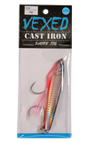 Vexed Cast Iron Shore Jig metal fishing lure with realistic baitfish pattern, zinc construction, front assist hook and rear single hook for shore jigging.