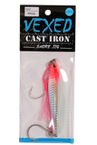Vexed Cast Iron Shore Jig metal fishing lure with realistic baitfish pattern, zinc construction, front assist hook and rear single hook for shore jigging.