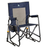 GCI Outdoor Stowaway Rocker folding camping chair with armrests, beverage holder and compact rocking design.