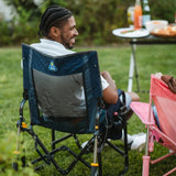 GCI Outdoor Stowaway Rocker folding camping chair with armrests, beverage holder and compact rocking design.