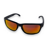 Saltatrix Shadow Series polarized sunglasses with black recycled plastic frames and red polycarbonate lens.