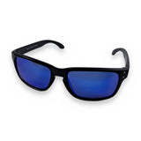 Saltatrix Shadow Series polarized sunglasses with black recycled plastic frames and blue polycarbonate lens.