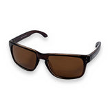 Saltatrix Earth Series polarized sunglasses with brown recycled plastic frames and copper polycarbonate Category 3 UV400 lenses.