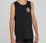 Mad Hueys Surf Hueys Tank in Black – men’s sleeveless surf tank with bold FK Off H emblem, surfboards, and skeleton hand design.