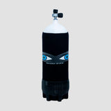 Shark Eyes Dive Tank Cover with shark deterrent graphics for scuba diving tanks, made from durable 3mm limestone neoprene.