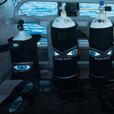 Shark Eyes Dive Tank Cover with shark deterrent graphics for scuba diving tanks, made from durable 3mm limestone neoprene.