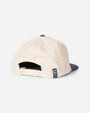  Salty Crew Tarpon Snapback Cap in Off White Blue showcasing its cotton corduroy texture, high-crown profile and adjustable plastic snapback closure.
