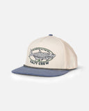 Salty Crew Tarpon Snapback Cap in Off White Blue featuring embroidered front artwork, a structured five-panel design and contrasting visor rope.