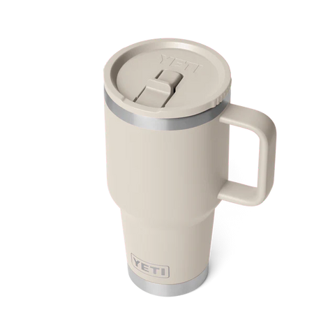 Front view of the YETI 30 oz Travel Straw Mug with handle and straw lid.