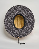 Mad Hueys Triple Anchor Straw Hat in Natural with wide brim, custom underbrim print, and adjustable drawcord — perfect for beach and outdoor adventures.